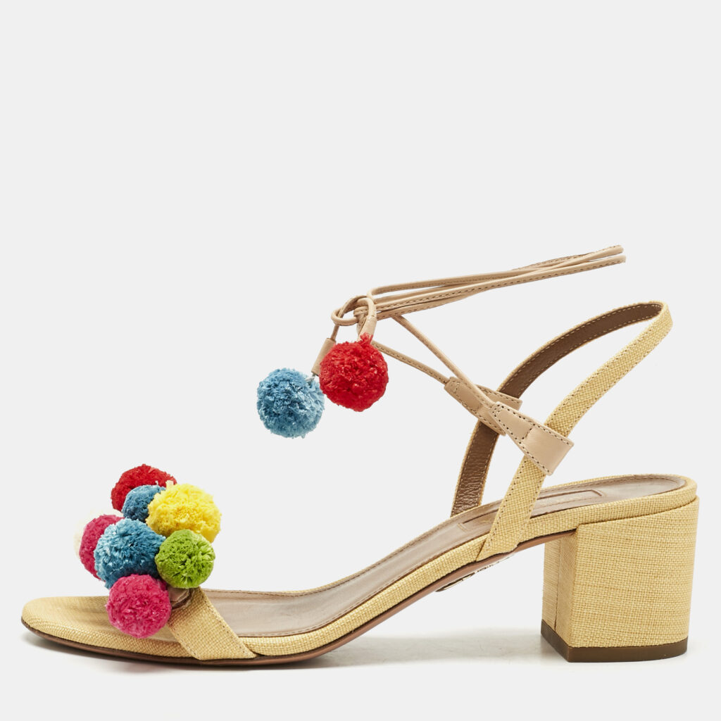 Aquazzura Multicolor Raffia Pom Pom Thong Ankle Tie Sandals Size 37