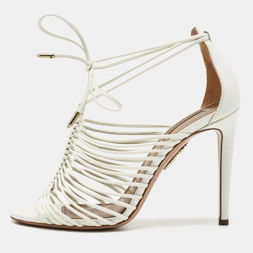 Aquazzura White Leather Nadja Strappy Ankle Wrap Sandals Size 37.5