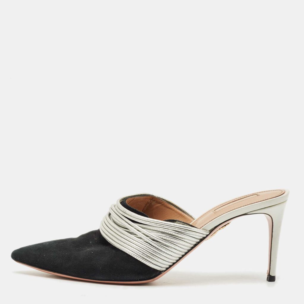Aquazzura Black/Silver Suede and Leather Rendez Vous Mules Size 42 Aquazzura Black/Silver Suede and Leather Rendez Vous Mules Size 42