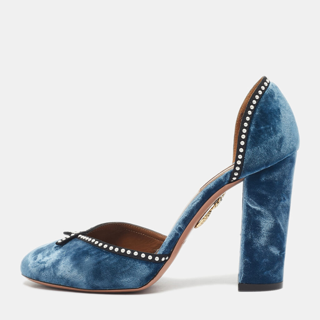 Aquazzura Blue Velvet Embellishment Block Heel D'orsay Pumps Size 37