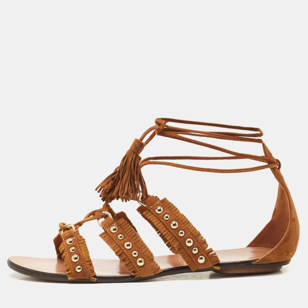 Aquazzura Brown Suede Studded Tulum Flat Sandals Size 37 Aquazzura Brown Suede Studded Tulum Flat Sandals Size 37