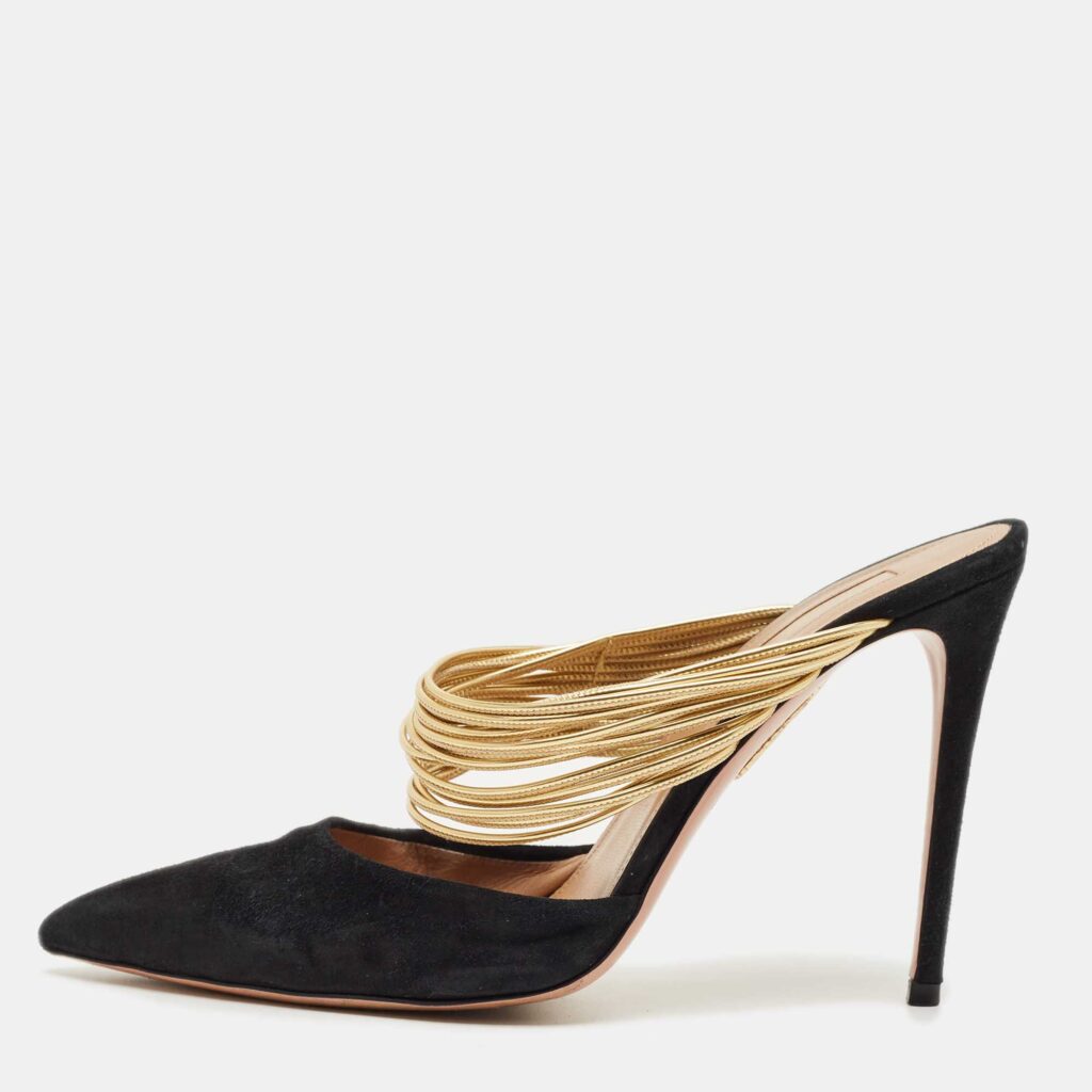 Aquazzura Black/Gold Suede And Leather Rendez Vous Pointed Toe Mules Size 39