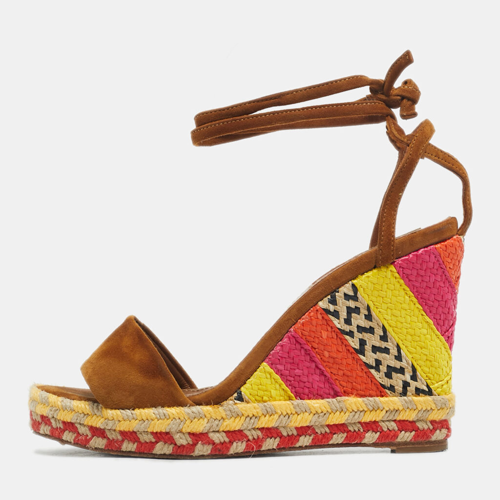 Aquazzura Brown Suede Baru 105 Lace Up Espadrille Wedge Sandals Size 35.5
