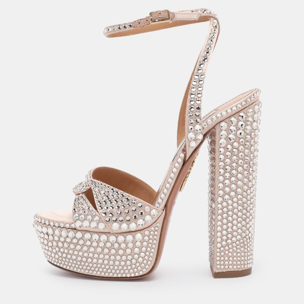 Aquazzura Beige Satin Crystal Embellished Sinner Platform Sandals Size 35 Aquazzura Beige Satin Crystal Embellished Sinner Platform Sandals Size 35