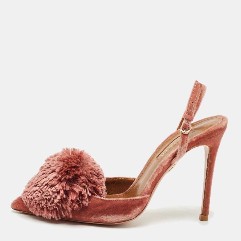 Aquazzura Rose Pink Velvet Powder Puff Pom Pom Slingback Pumps Size 35 Aquazzura Rose Pink Velvet Powder Puff Pom Pom Slingback Pumps Size 35