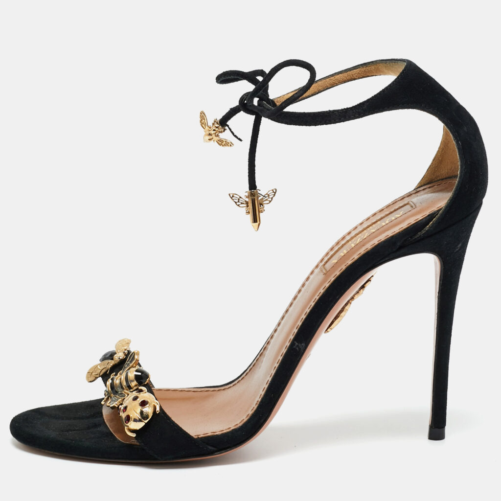 Aquazzura Black Suede Bees Embellished Ankle Strap Sandals Size 37 Aquazzura Black Suede Bees Embellished Ankle Strap Sandals Size 37