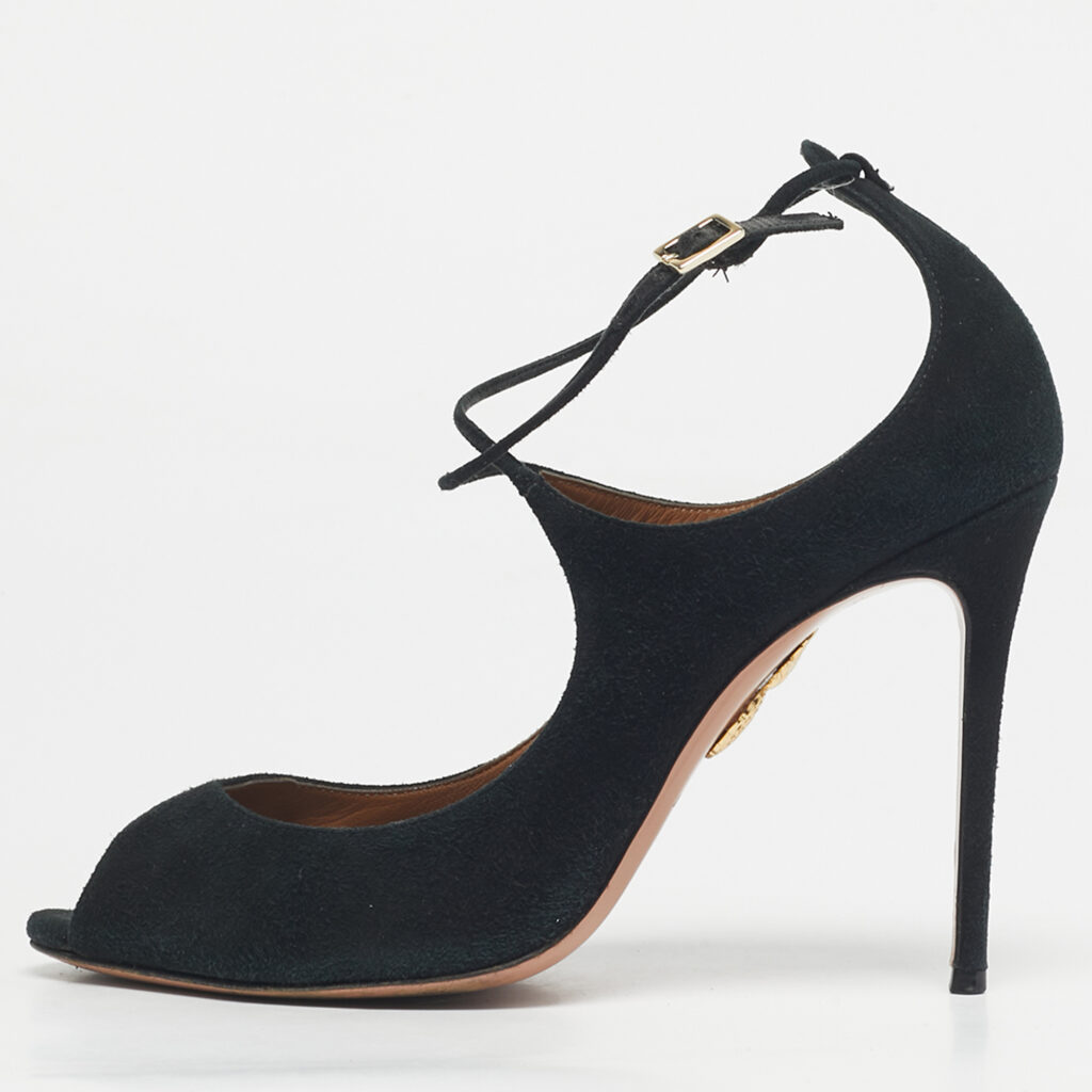 Aquazzura Black Suede Zani Peep Toe Ankle Pumps Size 38.5