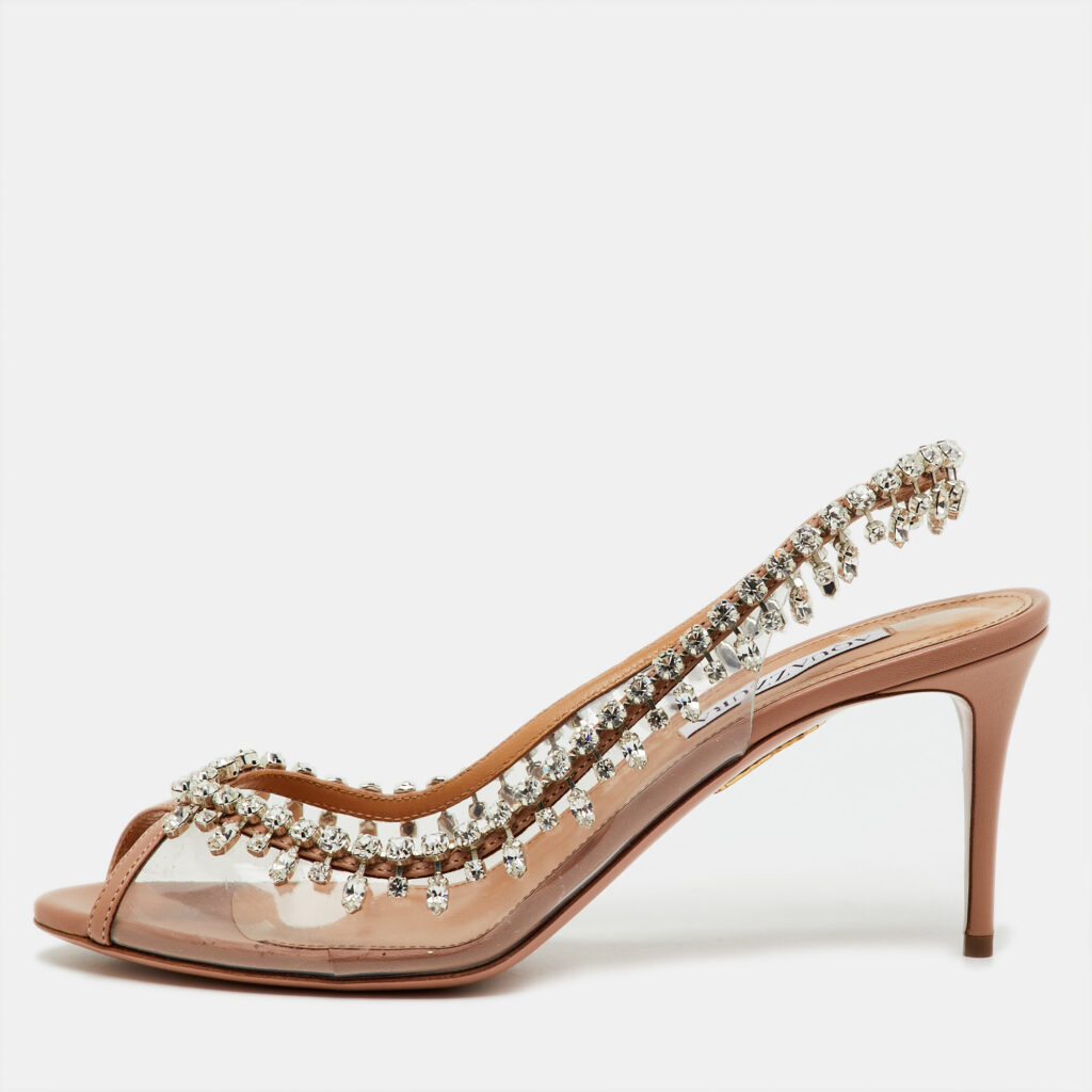 Aquazzura Transparent/Beige PVC and Leather Temptation Crystal Slingback Pumps Size 40