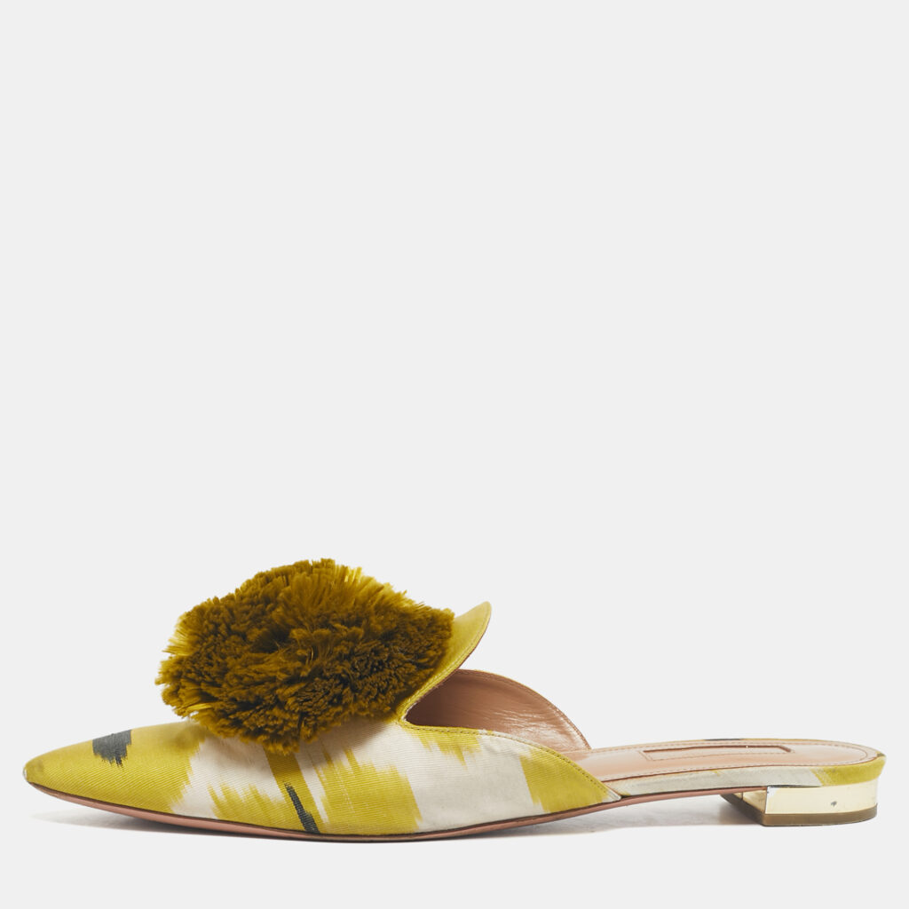 Aquazzura Green Velvet Powder Puff Pom Pom Flat Mules Size 40