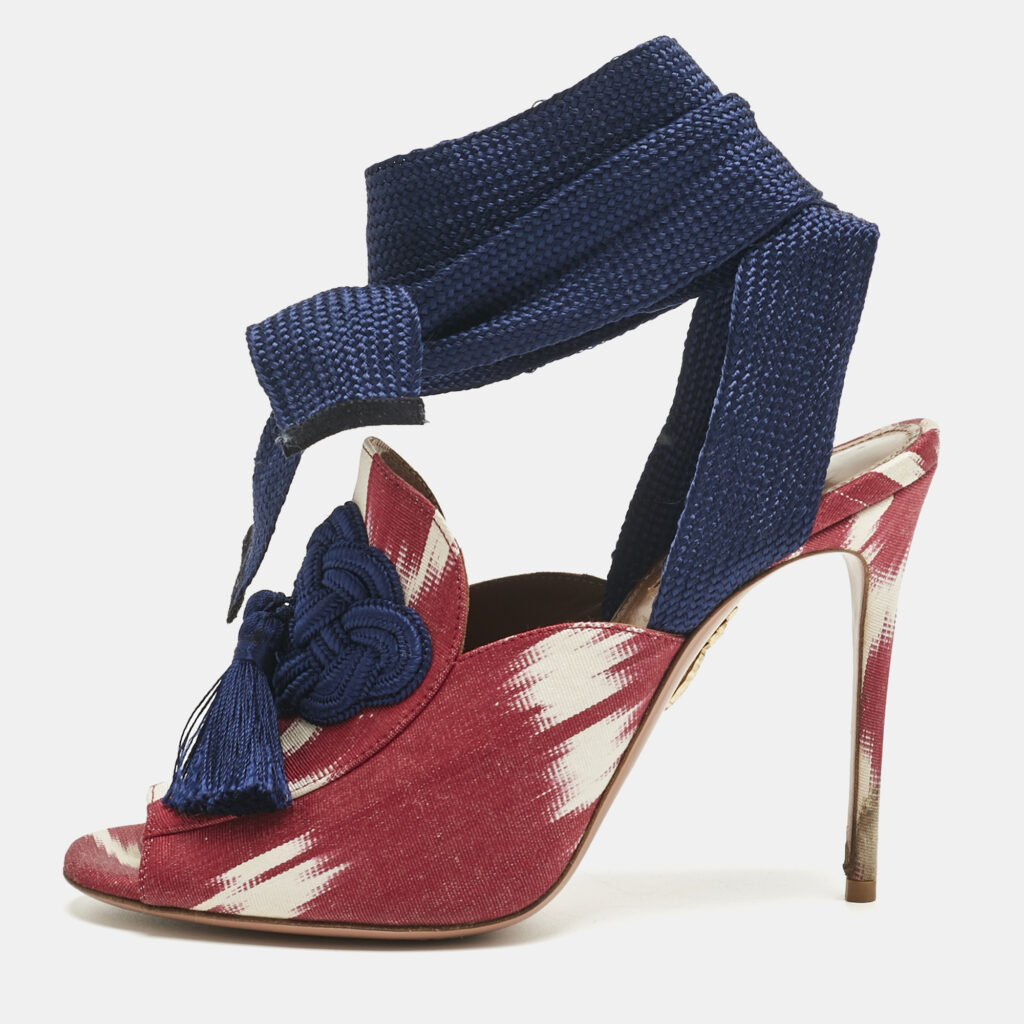 Aquazzura Burgundy/White Canvas Tassel Ankle Tie Sandals Size 37.5