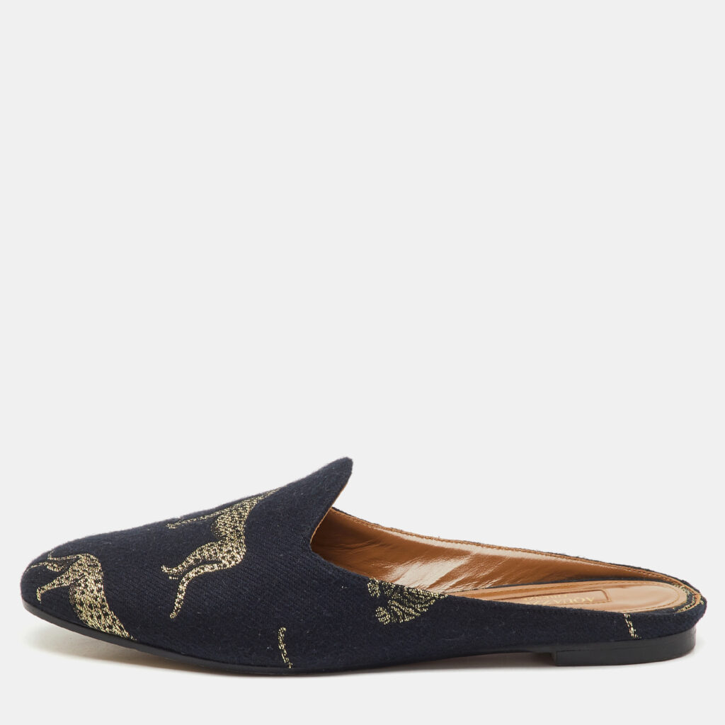 Aquazzura Black Jacquard Panther Embroidered Flat Mules Size 37.5