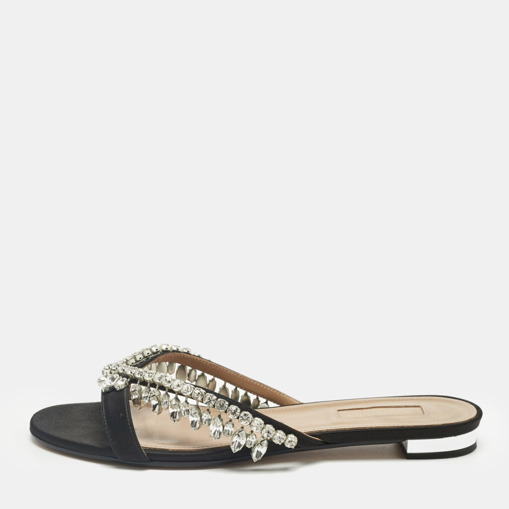 Aquazzura Black Satin Gem Palace Crystal Embellish Flat Slide Size 38.5 Aquazzura Black Satin Gem Palace Crystal Embellish Flat Slide Size 38.5