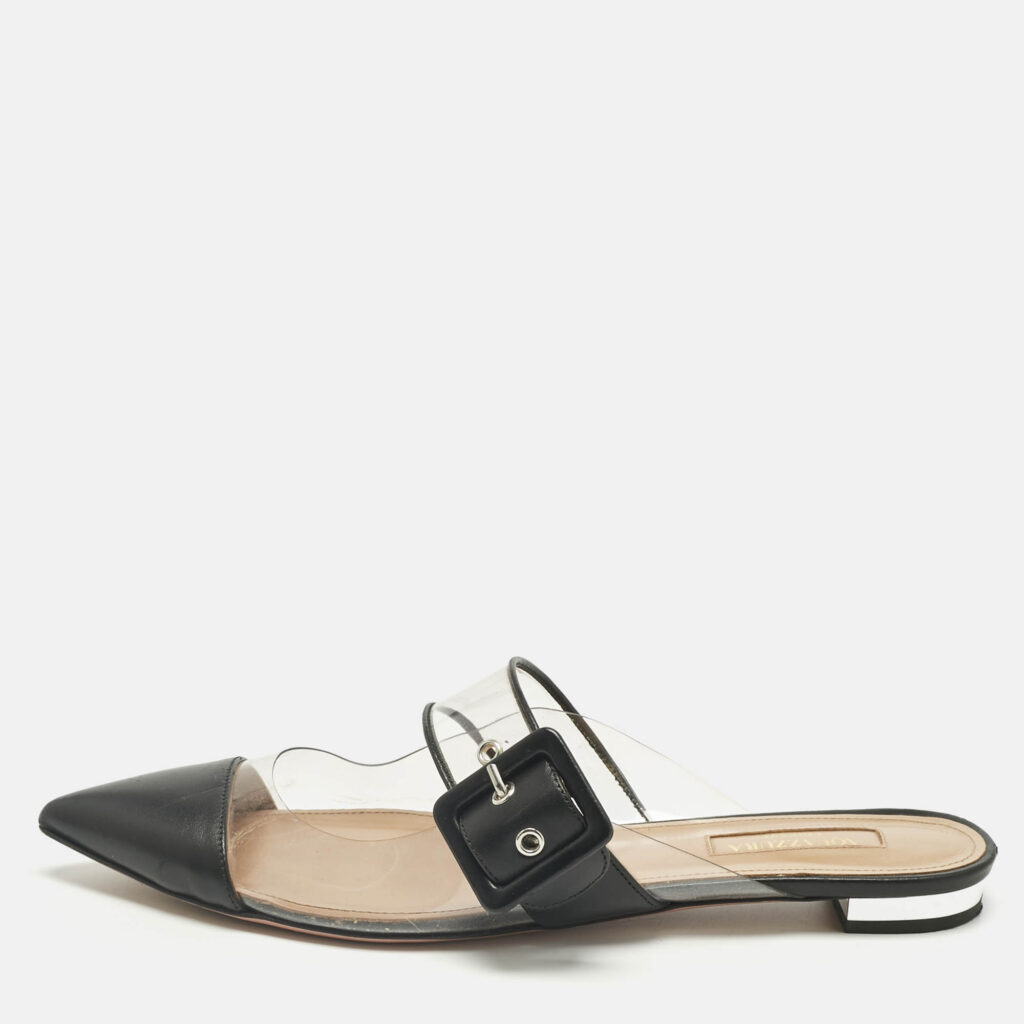 Aquazzura Black/Transparent Leather and PVC Optic Buckle Mules Size 37.5