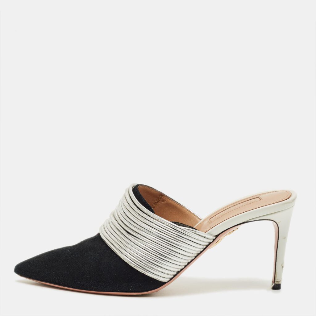 Aquazzura Black/Silver Suede and Leather Rendez Vous Mules Size 36 Aquazzura Black/Silver Suede and Leather Rendez Vous Mules Size 36