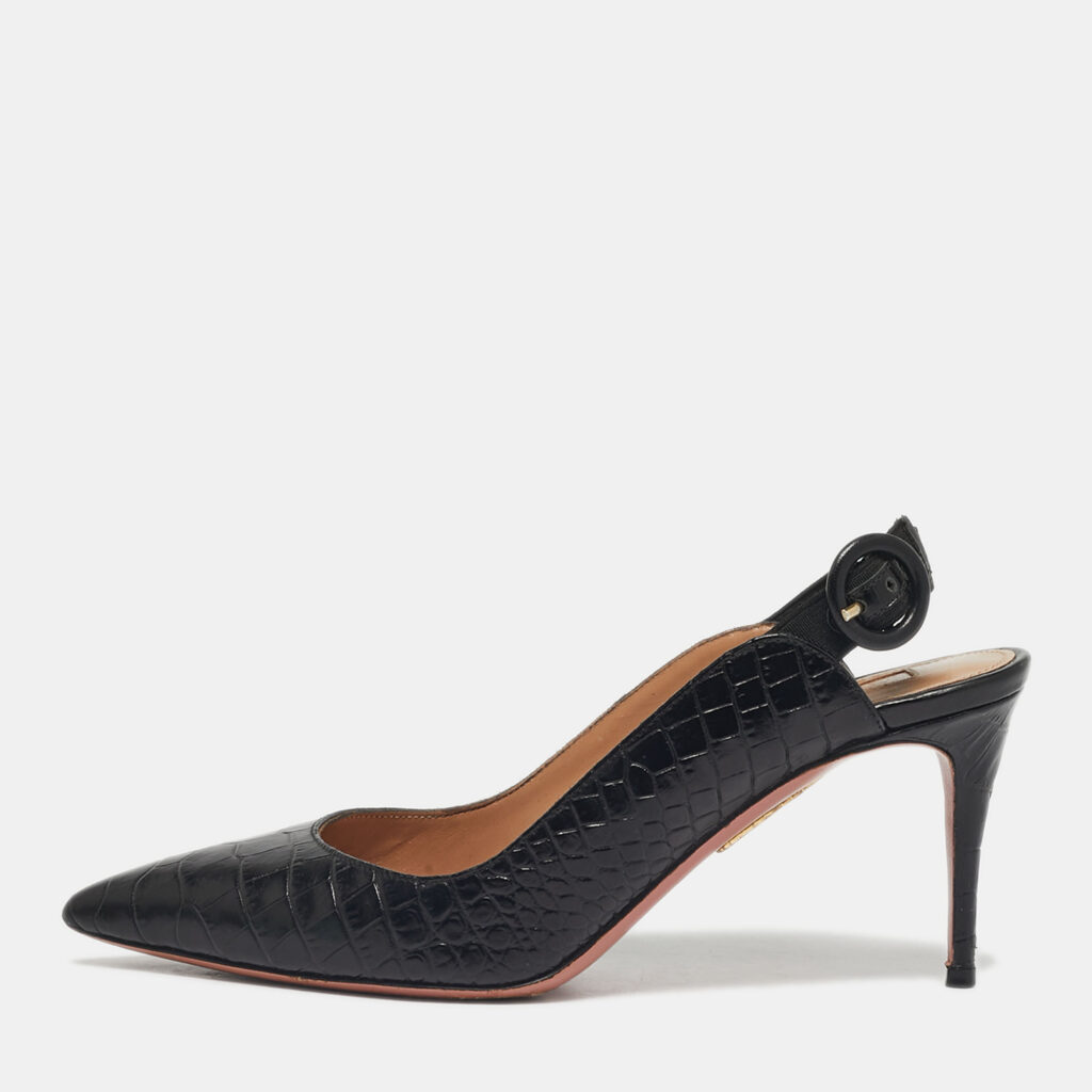 Aquazzura Black Croc Embossed Leather Yale Slingback Pumps Size 36 Aquazzura Black Croc Embossed Leather Yale Slingback Pumps Size 36