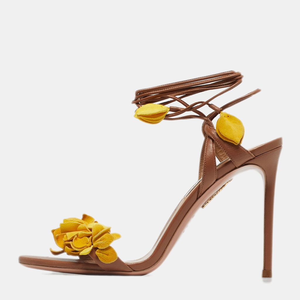 Aquazzura Brown/Yellow Leather Wild Thing Fringe Ankle Wrap Sandals Size 40