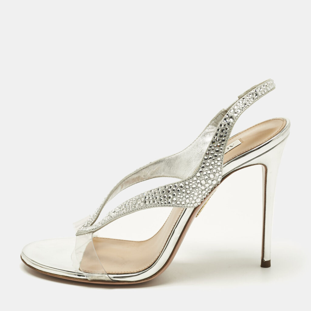 Aquazzura Silver Suede and PVC Crystal Embellished Izzy Sandals Size 37 Aquazzura Silver Suede and PVC Crystal Embellished Izzy Sandals Size 37