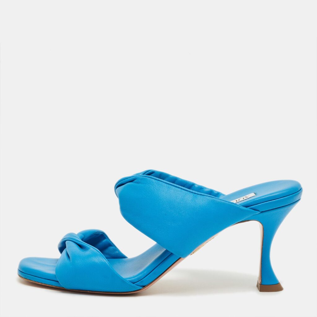Aquazzura Blue Leather Twist Slide Sandals Size 40