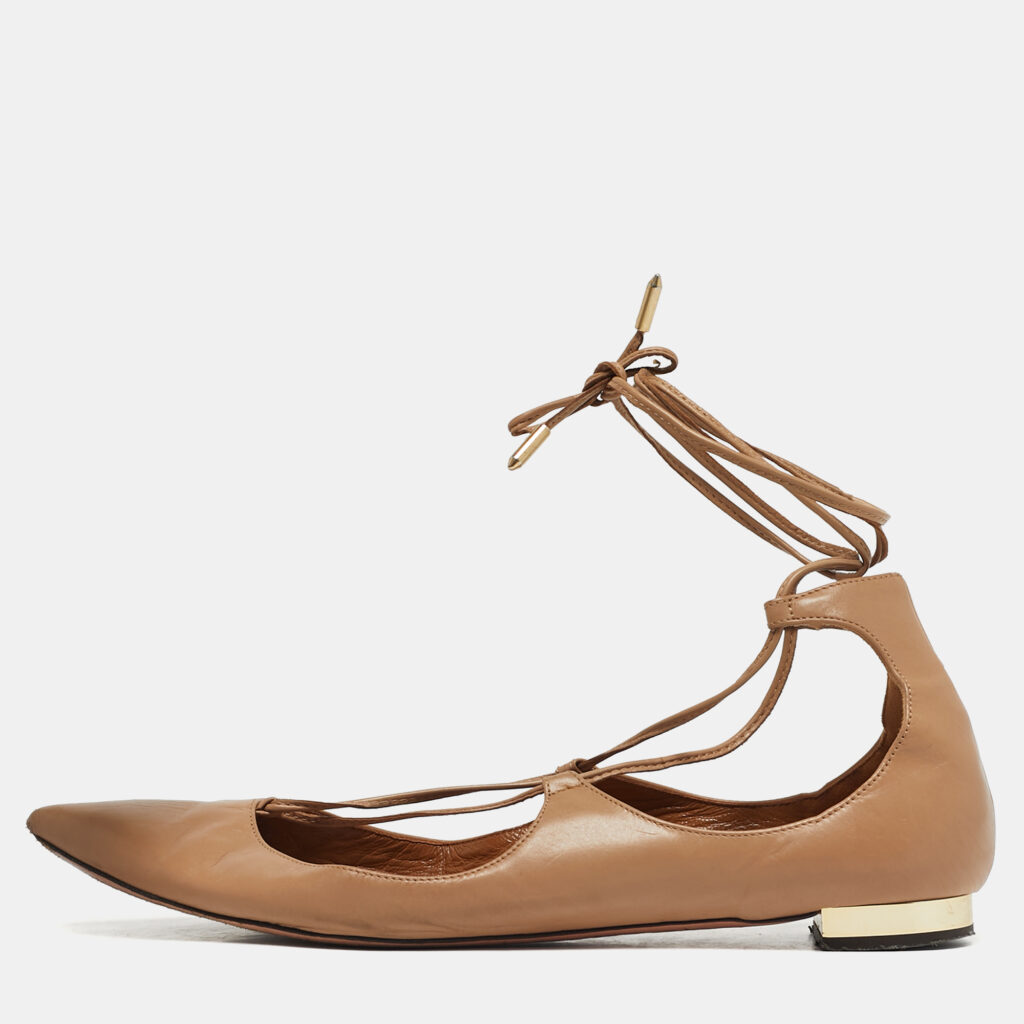 Aquazzura Beige Leather Christy Tie Up Pointed Toe Ballet Flats Size 39 Aquazzura Beige Leather Christy Tie Up Pointed Toe Ballet Flats Size 39