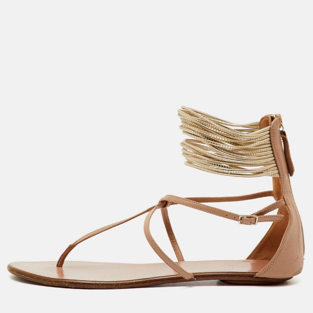 Aquazzura Beige/Gold leather T-Strap Ankle Cuff Flats Size 40 Aquazzura Beige/Gold leather T-Strap Ankle Cuff Flats Size 40