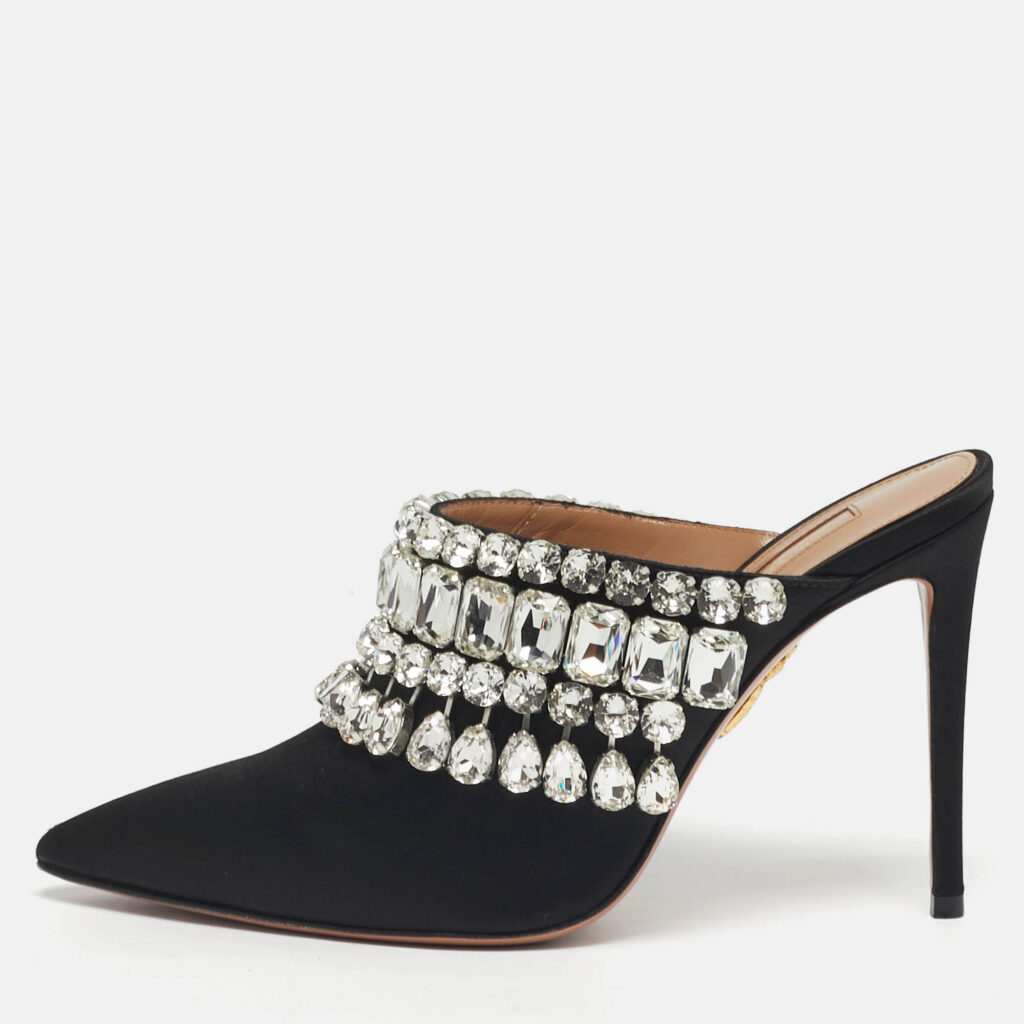 Aquazzura Black Satin Crystal Embellished Palace Mules Size 37 Aquazzura Black Satin Crystal Embellished Palace Mules Size 37