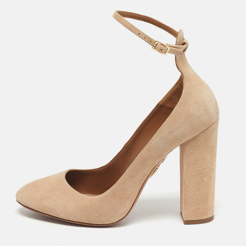 Aquazzura Beige Suede Alix Ankle Strap Pumps Size 38.5
