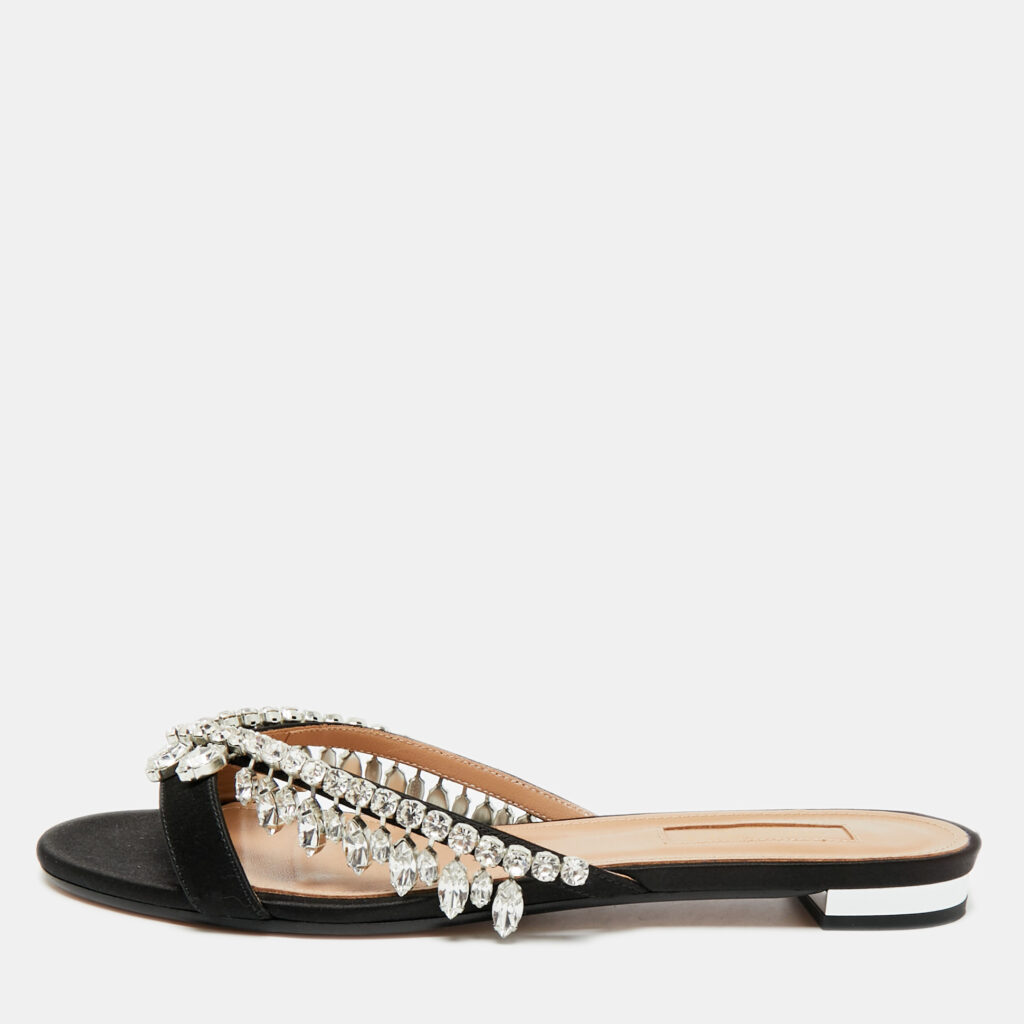 Aquazzura Gem Palace Black Satin Crystal Embellished Flat Sandals Size 37.5 Aquazzura Gem Palace Black Satin Crystal Embellished Flat Sandals Size 37.5