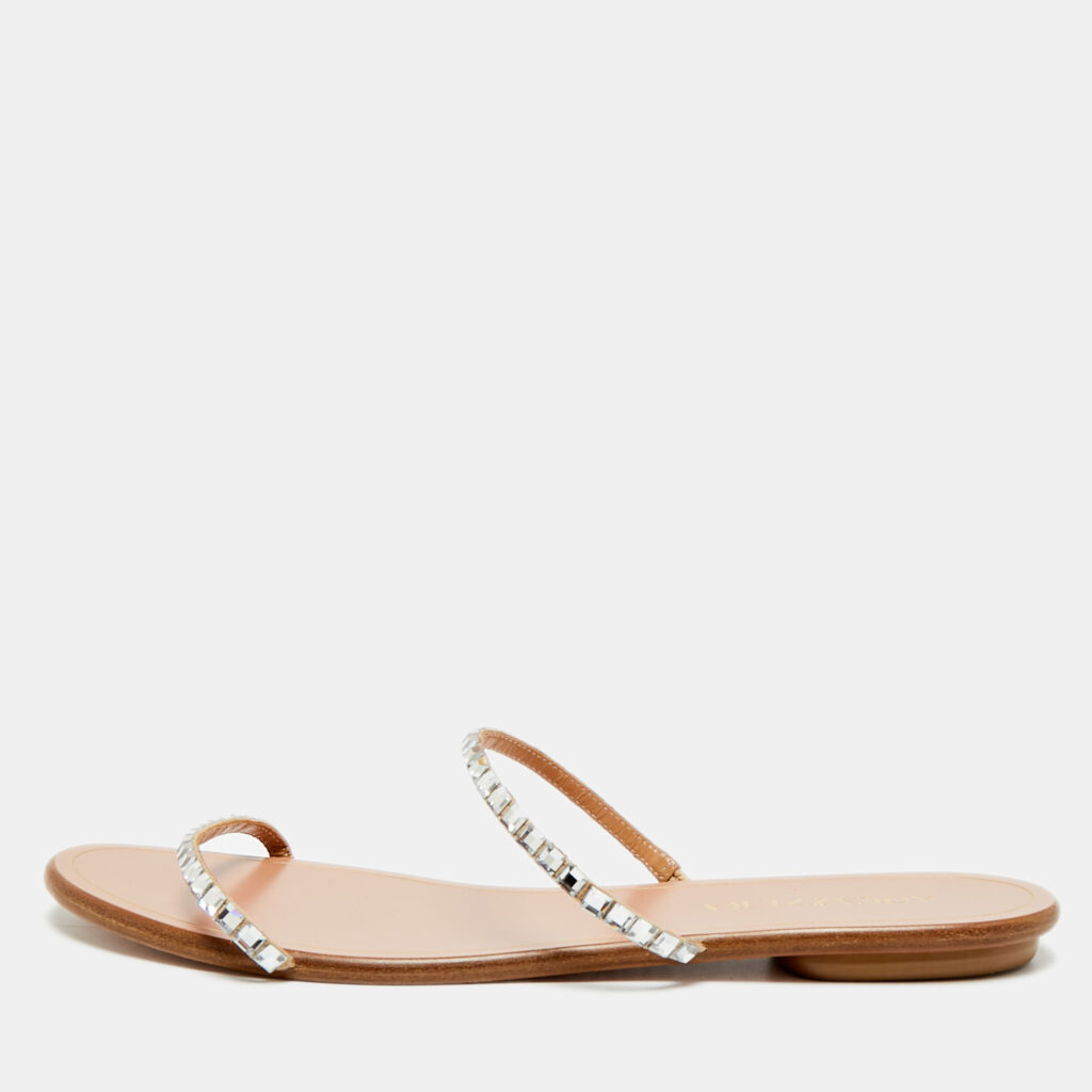 Aquazzura Size 40 Beige Suede Crystal Embellished Strappy Flat Slide Aquazzura Size 40 Beige Suede Crystal Embellished Strappy Flat Slide