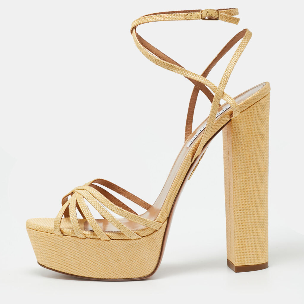 Aquazzura Size 42 Yellow Straw Platform Ankle Strap Sandals Aquazzura Size 42 Yellow Straw Platform Ankle Strap Sandals