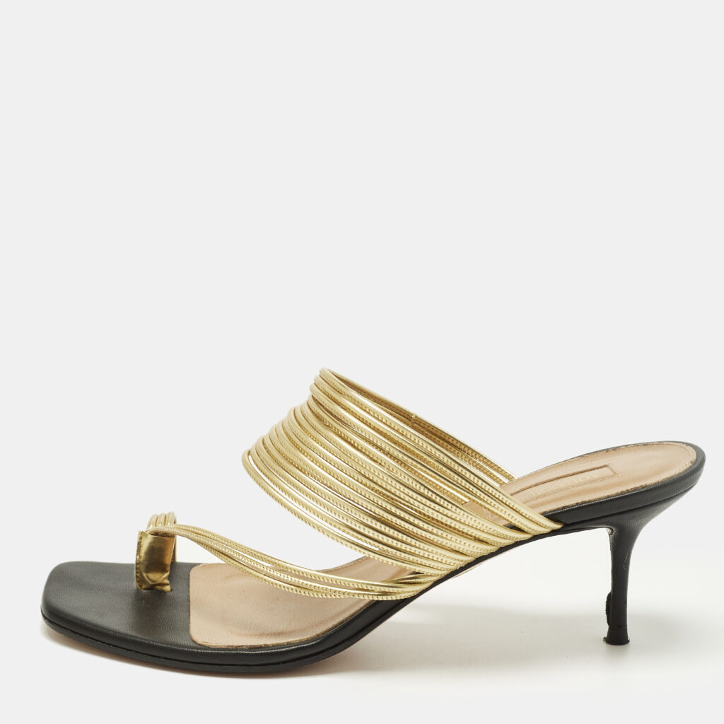 Aquazzura Rendez Vous Size 39 Black/Gold Leather Slide Sandals