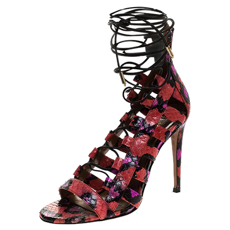 Aquazzura Multicolor Python Leather Elaphe Cut Out Ankle Wrap Sandals Size 37 Aquazzura Multicolor Python Leather Elaphe Cut Out Ankle Wrap Sandals Size 37