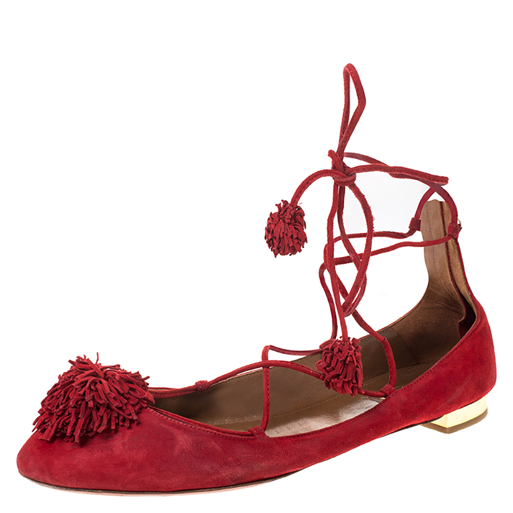 Aquaazzura Red Suede Leather Fringe Tassel Ankle Wrap Ballet Flats Size 40.5 Aquaazzura Red Suede Leather Fringe Tassel Ankle Wrap Ballet Flats Size 40.5