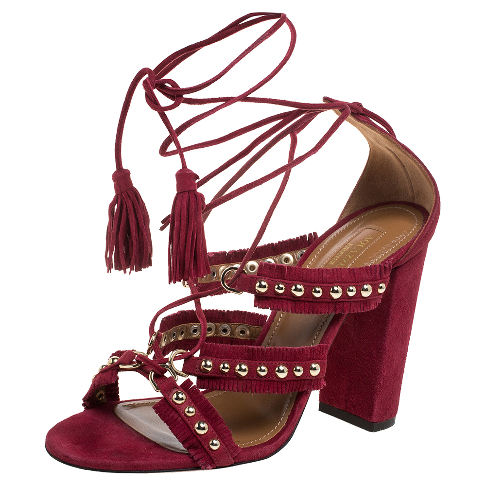 Aquazzura Burgundy Suede Leather Tulum Fringe Detail Studded Ankle Wrap Sandals Size 38 Aquazzura Burgundy Suede Leather Tulum Fringe Detail Studded Ankle Wrap Sandals Size 38