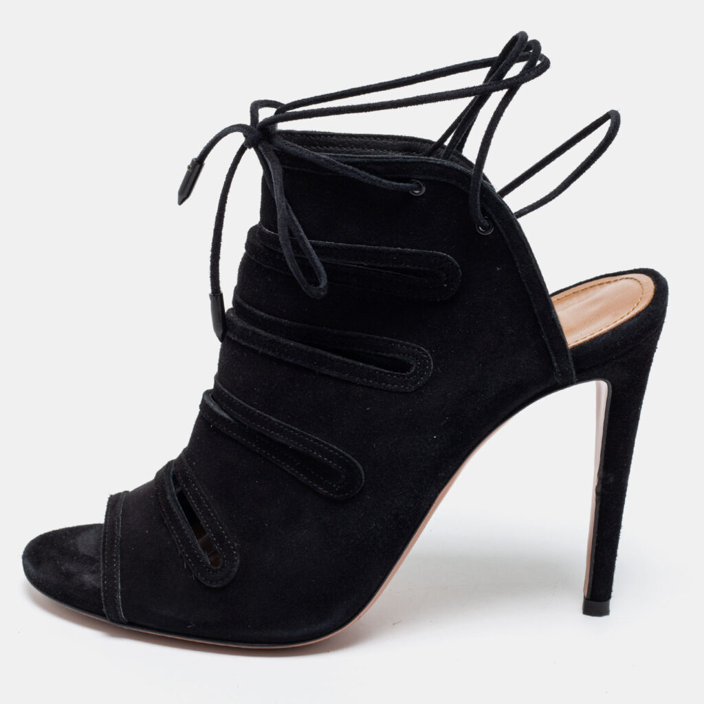 luxury-women-aquazzura-used-shoes-p687509-005.jpg Aquazzura Black Suede Sloane Cut Out Tie Up Sandals Size 38