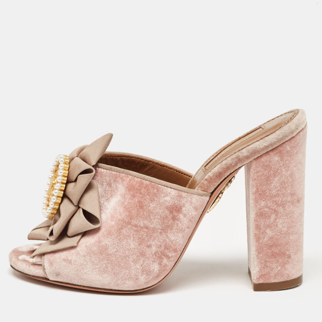 luxury-women-aquazzura-used-shoes-p961440-001.jpg Aquazzura Pink Velvet and Fabric Embellished Slide Sandals Size 36