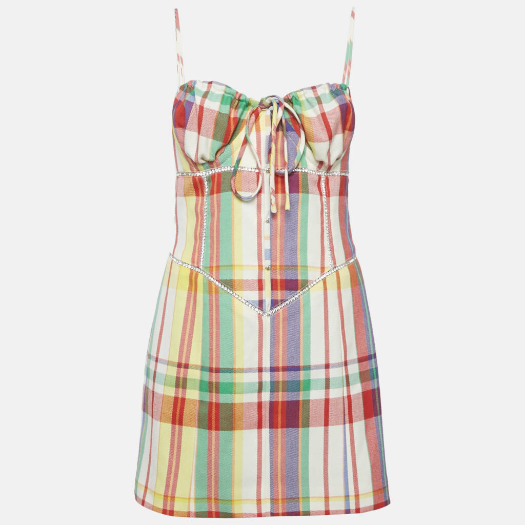 Area Multicolor Plaid Checked Wool Crystal Detail Mini Dress M