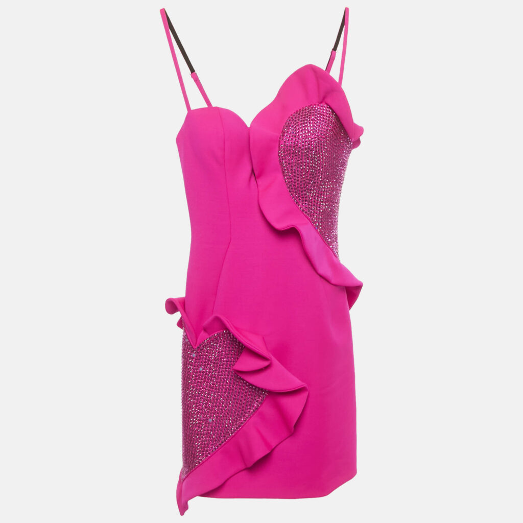 Area Pink Wool Rhinestone Heart-Patch Mini Dress XS