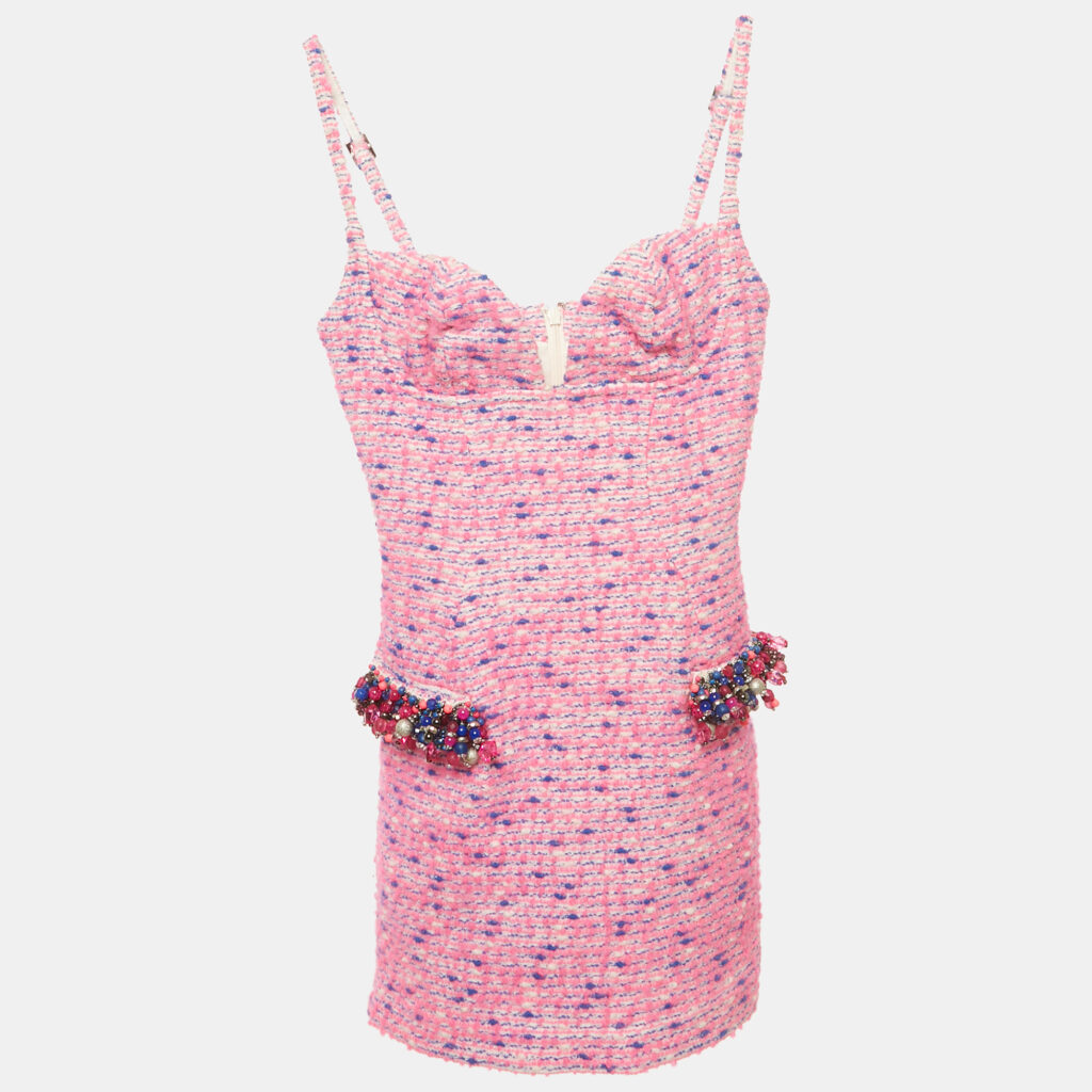 Area Pink/Blue Wool Tweed Embellished Detail Mini Dress XS