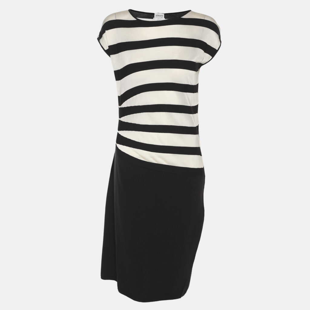 Armani Collezioni Dark Navy/White Stripe Stretch Knit Sleeveless Midi Dress M