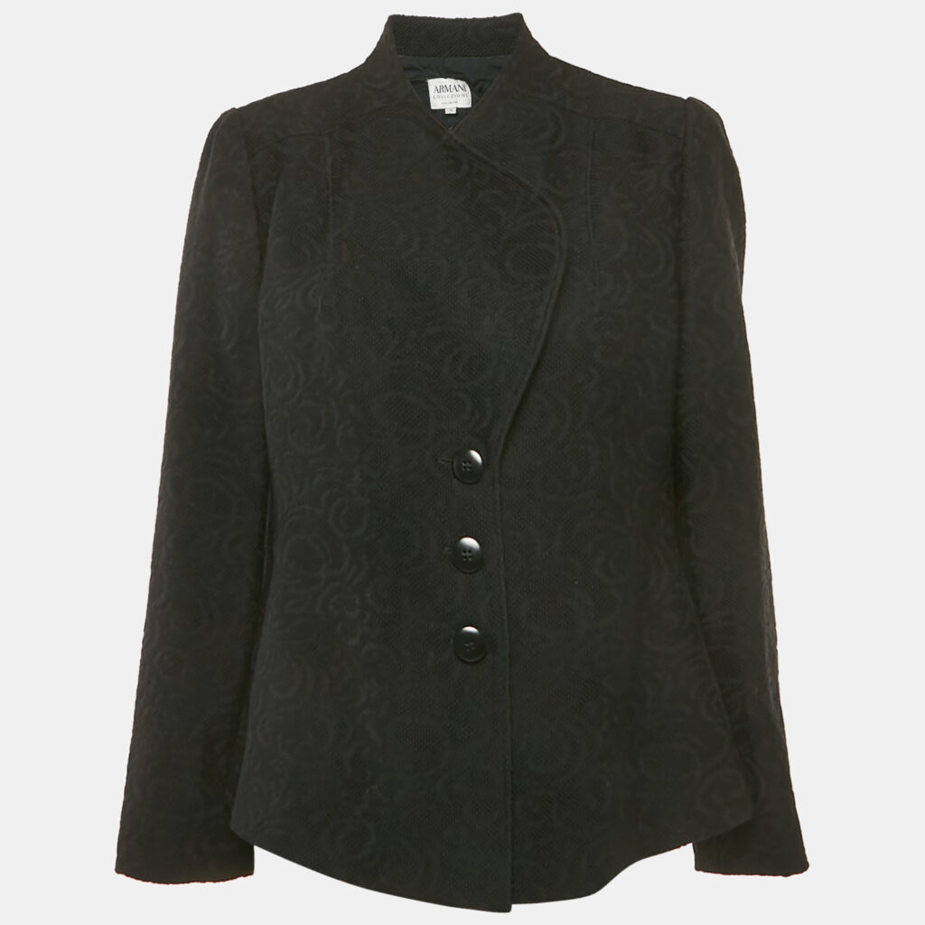 Armani Collezioni Black Jacquard Wool Button Front Blazer L