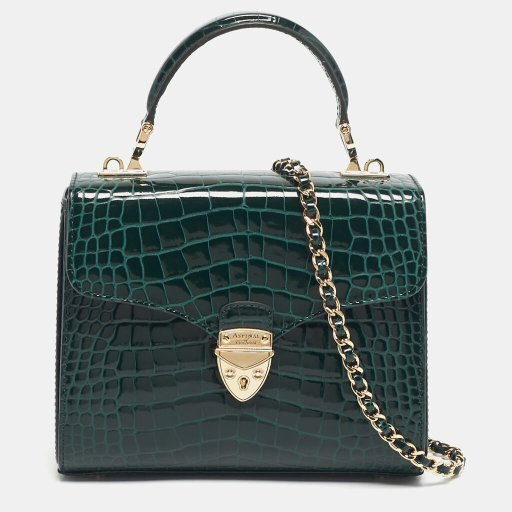 Aspinal of London Green Croc Embossed Patent Leather Small Mayfair Top Handle Bag Aspinal of London Green Croc Embossed Patent Leather Small Mayfair Top Handle Bag