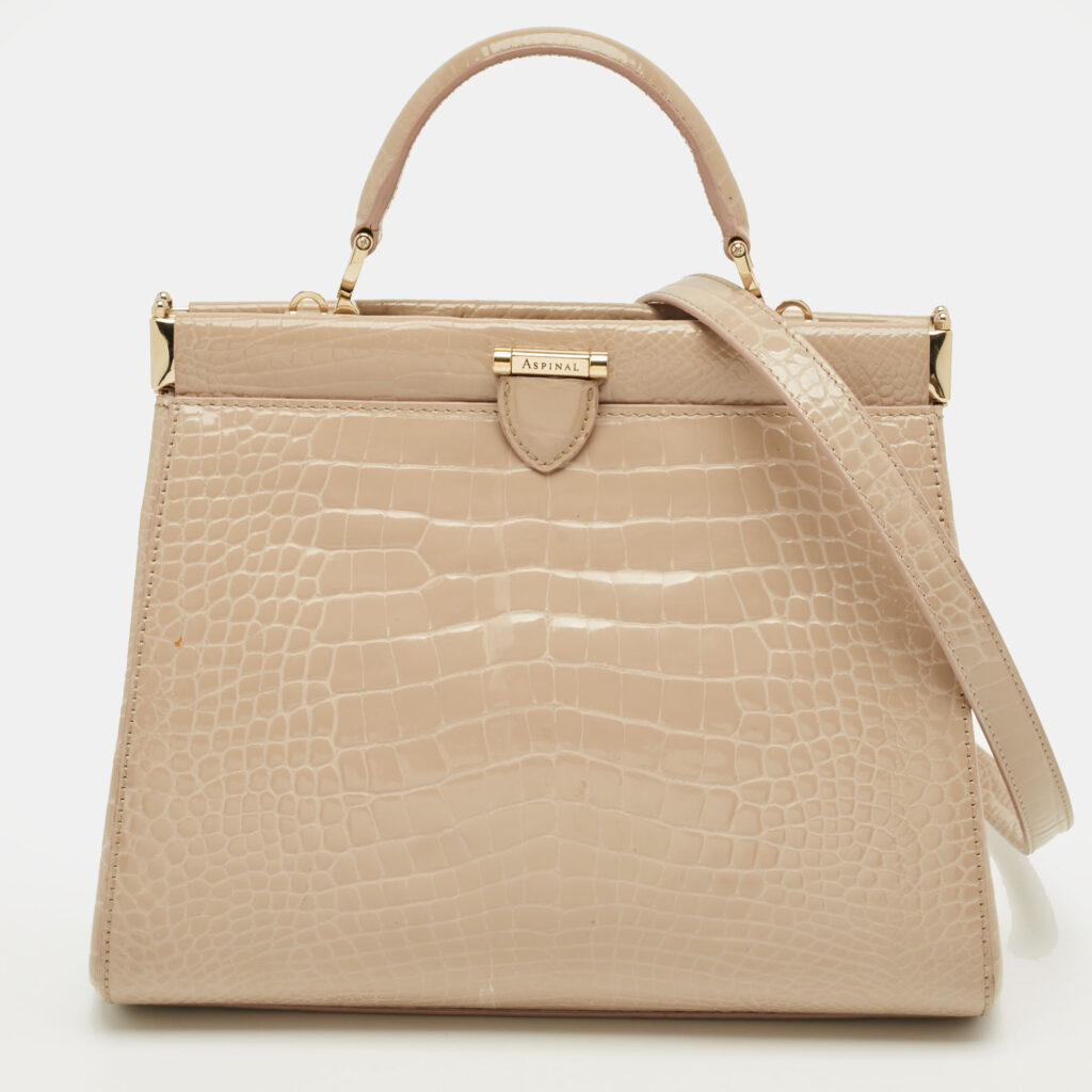 Aspinal Of London Florence Small Beige Croc Embossed Patent Leather Top Handle Bag Aspinal Of London Florence Small Beige Croc Embossed Patent Leather Top Handle Bag