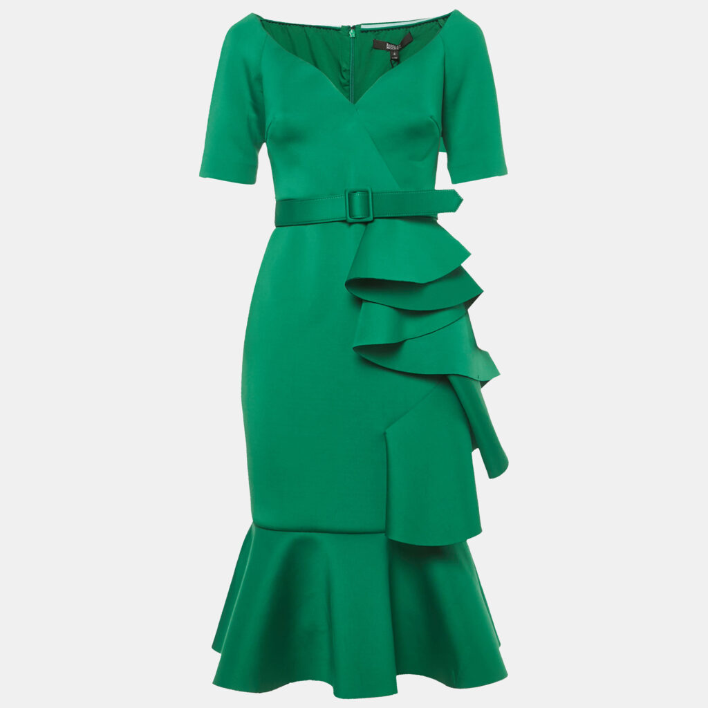 Badgley Mischka Green Neoprene Ruffled Midi Dress S Badgley Mischka Green Neoprene Ruffled Midi Dress S