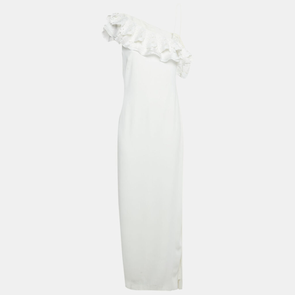 luxury-women-badgley-mischka-used-clothes-p1220135-006.jpg Badgley Mischka White Crepe Ruffle Lace Detail One Shoulder Gown M