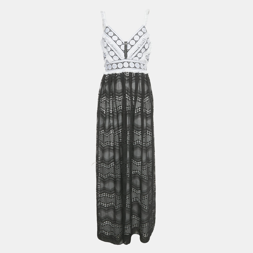 Badgley Mischka Black Frayed Edges Lace Maxi Dress M