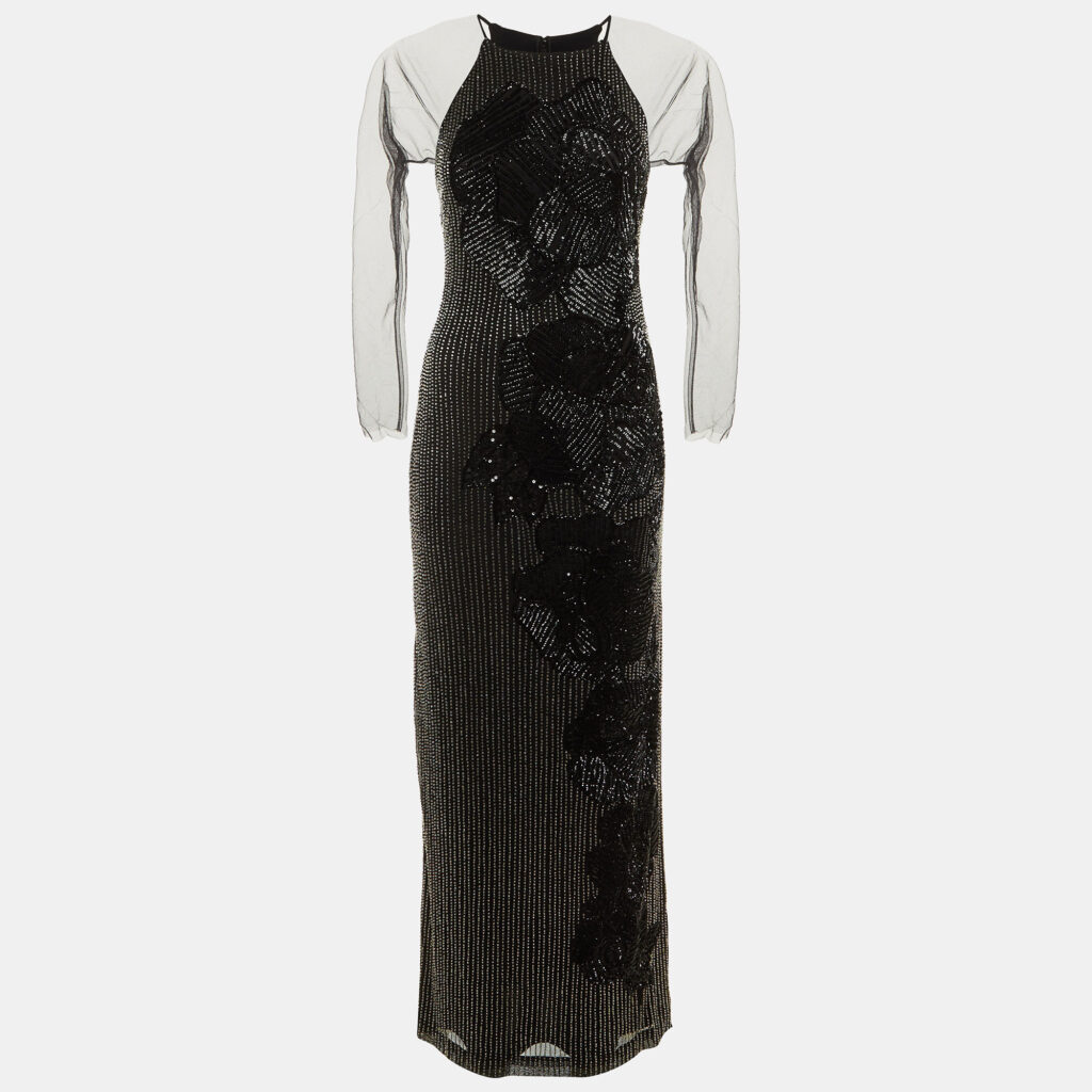 Badgley Mischka Black Embellished Mesh Gown L