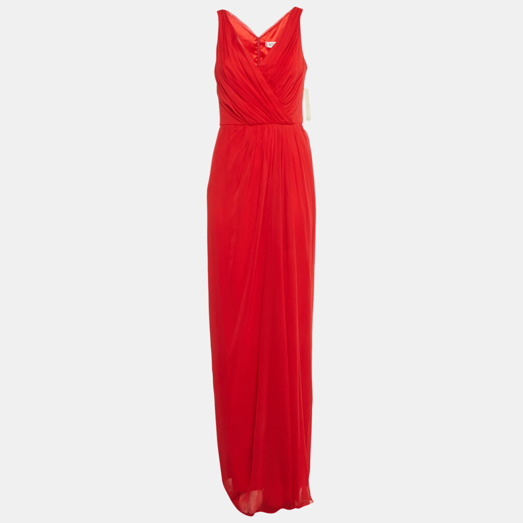 Badgley Mischka Red Silk Pleated Sleeveless Gown L Badgley Mischka Red Silk Pleated Sleeveless Gown L