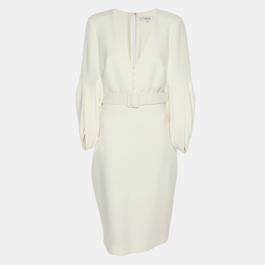 Badgley Mischka White Stretch Crepe Belted Dress S Badgley Mischka White Stretch Crepe Belted Dress S