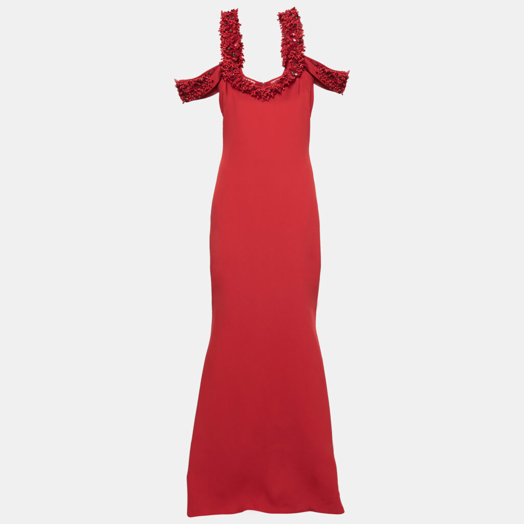 Badgley Mischka Couture Red Crepe Off Shoulder Embellished Long Gown L Badgley Mischka Couture Red Crepe Off Shoulder Embellished Long Gown L