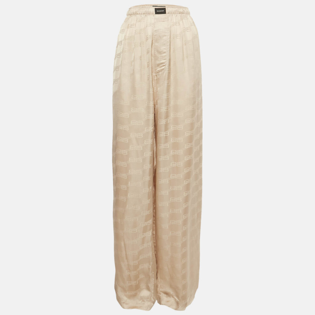 Balenciaga Beige Logo Jacquard Satin Trousers L Balenciaga Beige Logo Jacquard Satin Trousers L